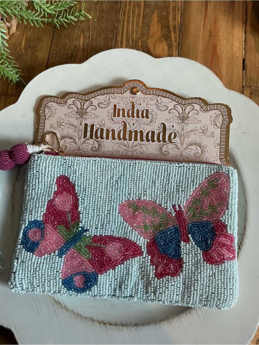 Beaded Butterfly Clutch in Light Blue and Pink